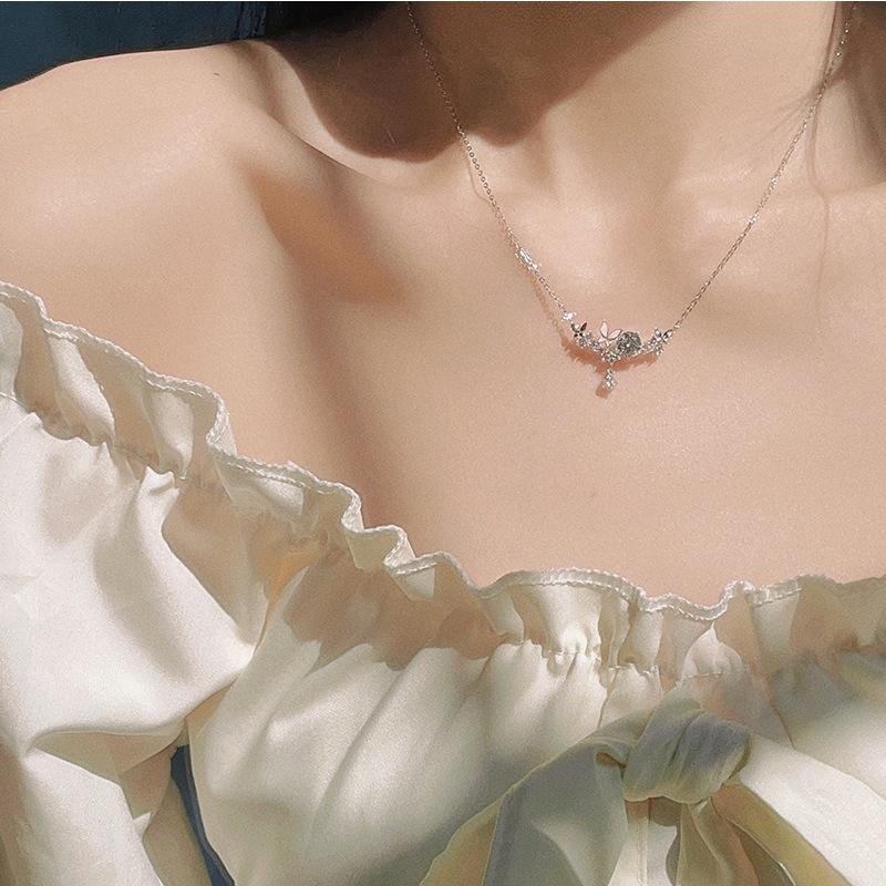 925 Sterling Silver Butterfly Tassel Necklace , Sweet Girl Style Delicate Choker for Women