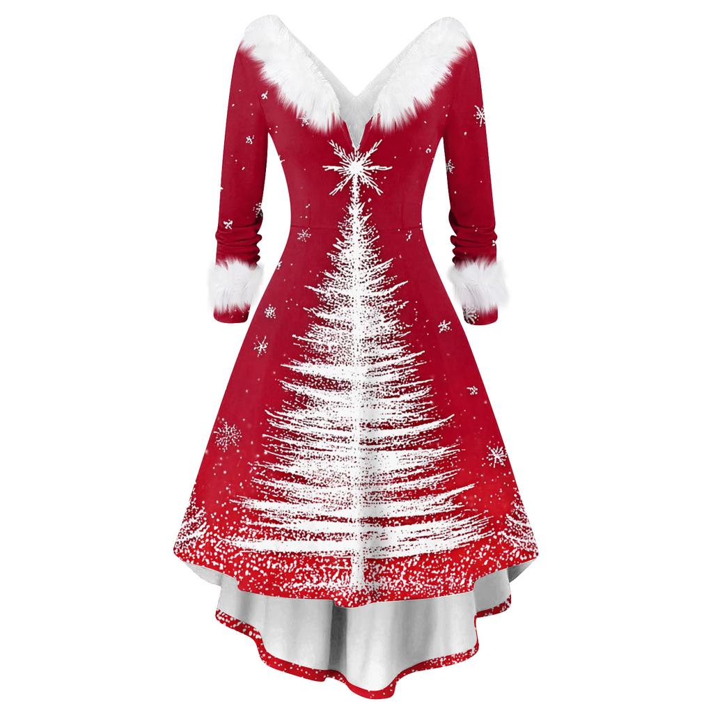 Women's Fashion Casual V-Neck Christmas Print Long Sleeve Dress