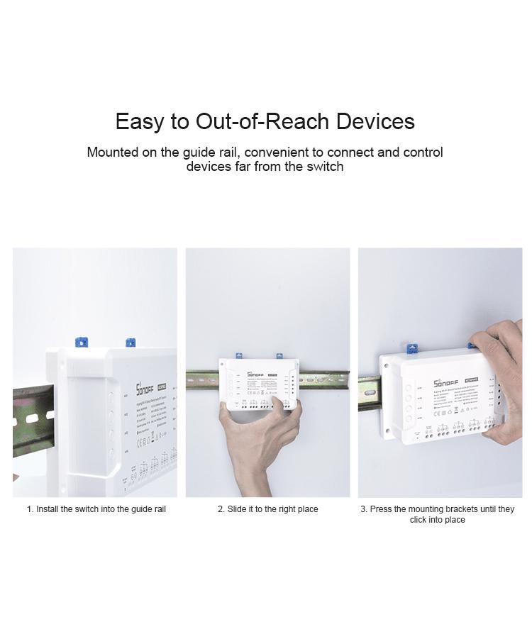 Sonoff 4CH PRO R3: Upgraded 4-way Smart Switch with Voice Control for Home Automation.
