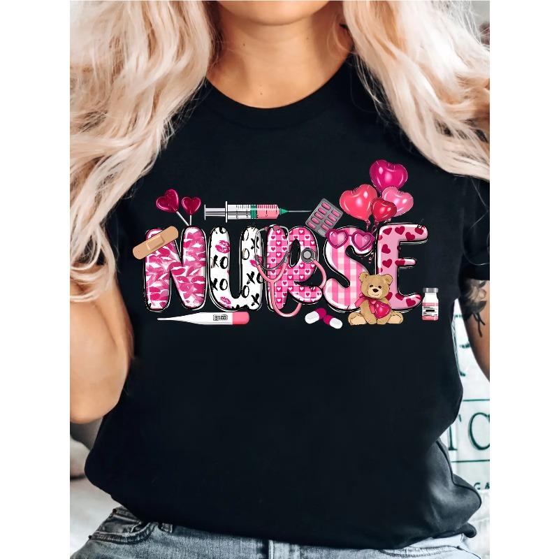 

European Size Valentine S Day T-Shirt for Nurses - Black Featuring a Pink Heart And -Themed Design,Perfect Gift for Nurses And Healthcare Workers, 4XL чорний