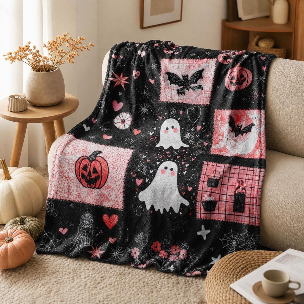 Halloween Plaid Flannel Throw Blanket with Single-Sided Print, Cozy for Couch and Bed