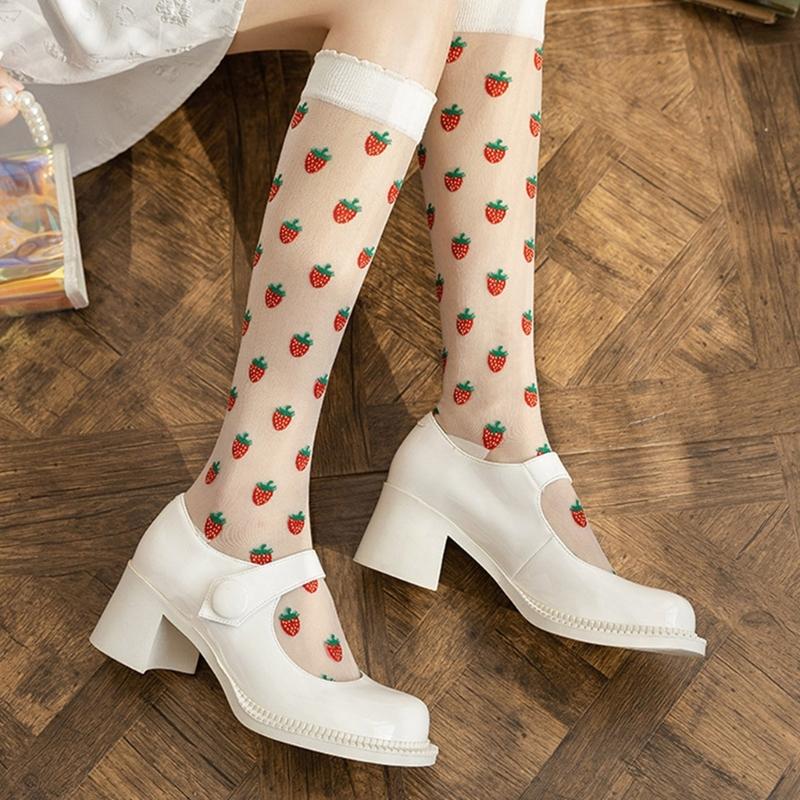 Crystal Glass Silk See Through Long Socks for Women Elegant Sweet Strawberry Pattern Ultrathin Knee Highs Stockings