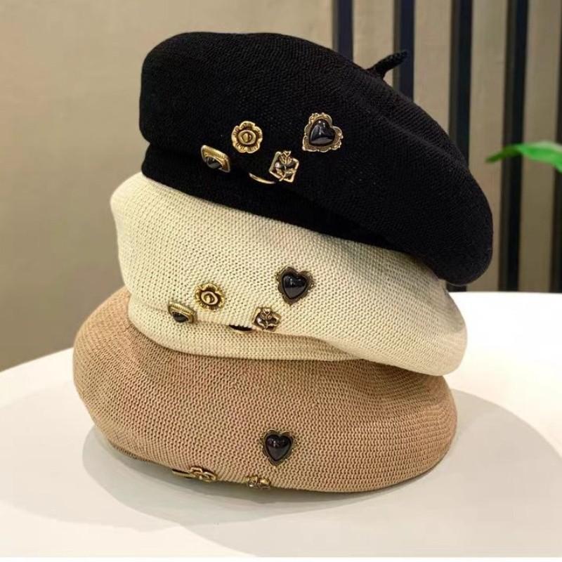 Elegant Japanese Style Oversized Button Decor Beret Hat Women's Fashionable Hollow Breathable Eight-panel Beret