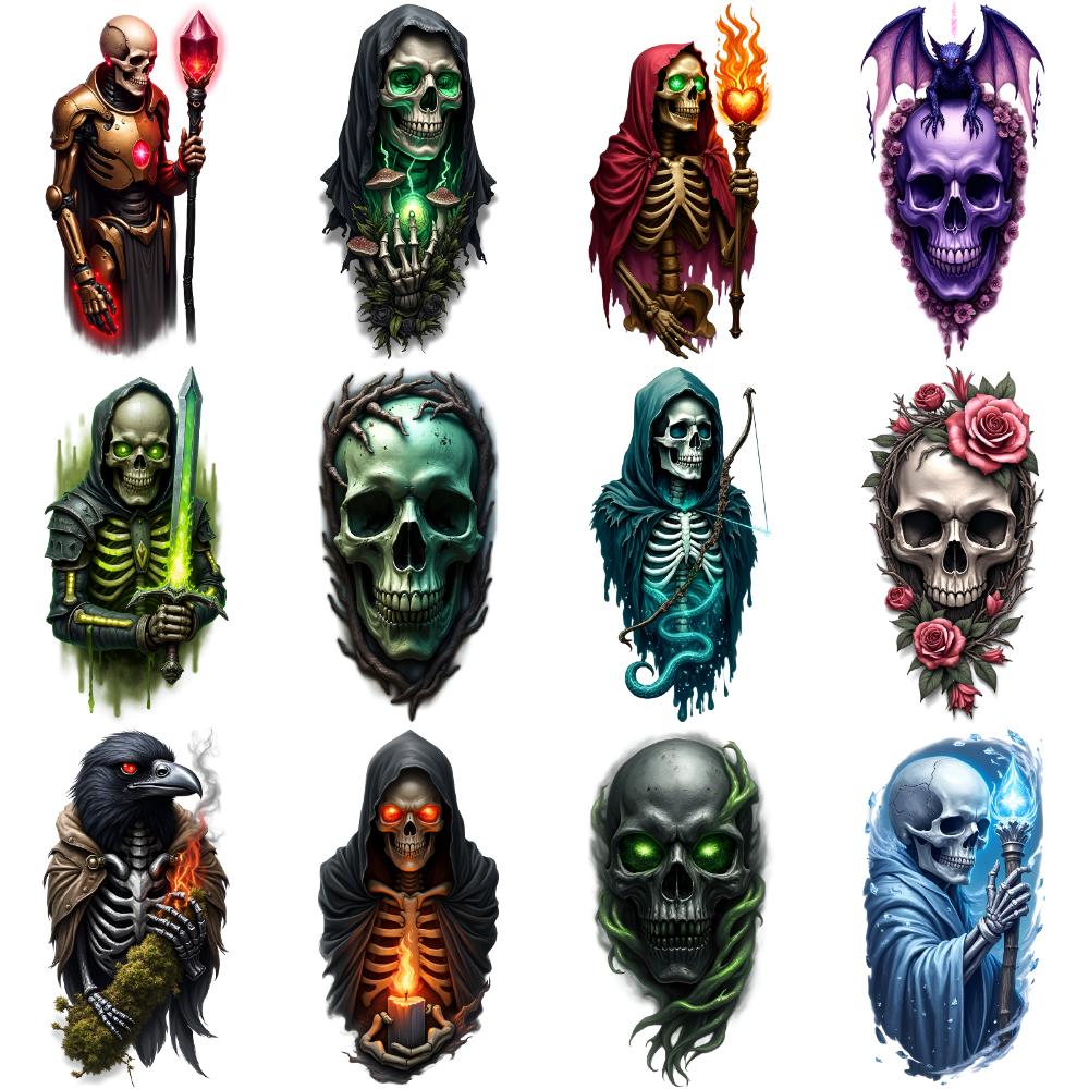 12pcs Temporary Tattoo Skull Designs Waterproof Long-lasting Body Stickers Skeleton Figures Realistic Temporary Tattoos For