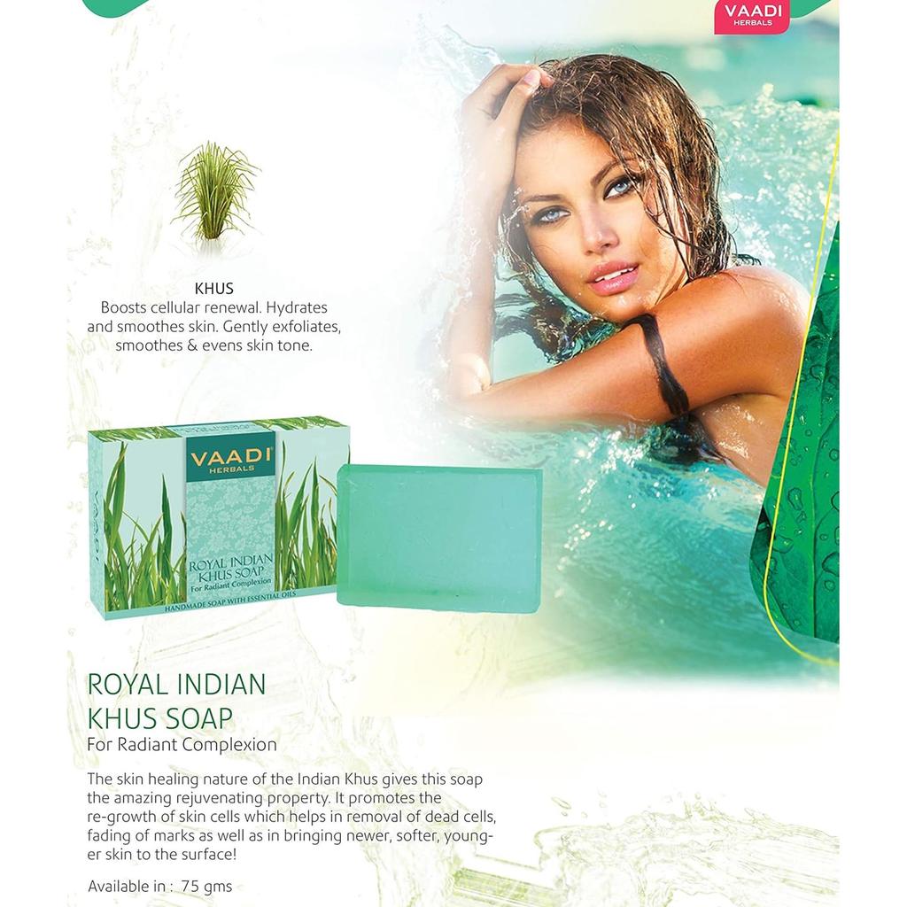 Vaadi Herbals Royal Indian Khus Soap Bar Pack With Olive And Soyabean Oil For Smooth Refreshing Bathing Care 75 G X 6