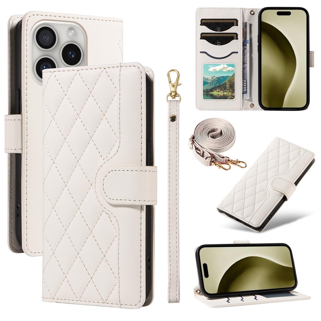 For iPhone 16 Pro Crossbody Case Rhombus Flip Leather Handbag Phone Cover