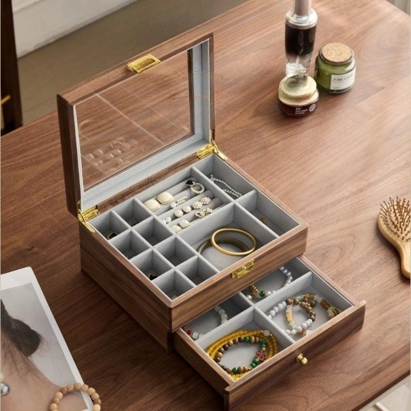Retro Jewelry Trinket Box Large Capacity Bracelet Storage Boxes Transparent Glass Jewellery Display Cases Wooden Rings Case