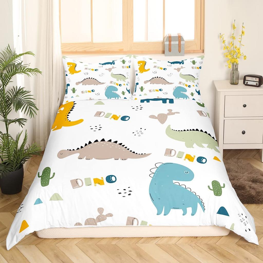 Kawaii Dinosaur Duvet Cover Set Cartoon Animal Theme Bedding Set For Kids Teenagers Bedroom Decor Double Queen King Quilt Cover
