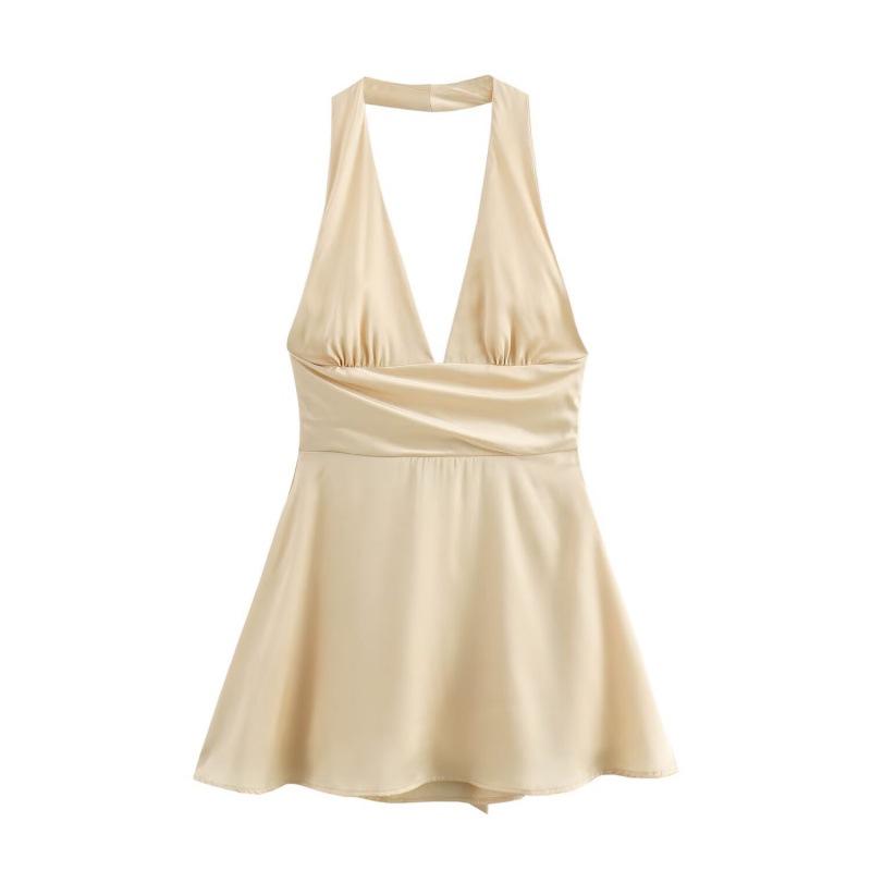 2025 Summer V-neck Halter Backless Silk Satin Tie-Up Mini Dress