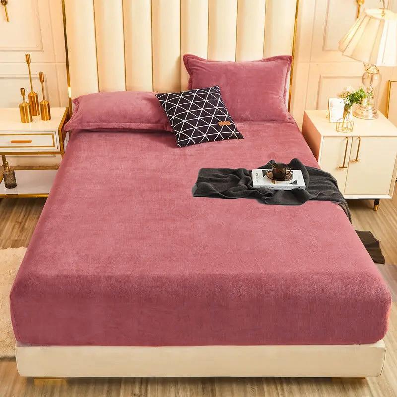 WOSTAR Winter warm plush fitted sheet elastic mattress cover fluffy flannel bed linens couple luxury double bed bedding 160x200