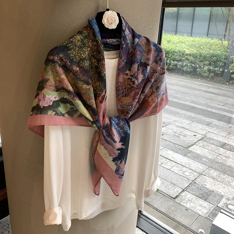 National Style Flower Scarf Shawl Four Seasons Universal Cotton Scarf Silk Scarf Literary Temperament Advanced Shawl External Square Scarf