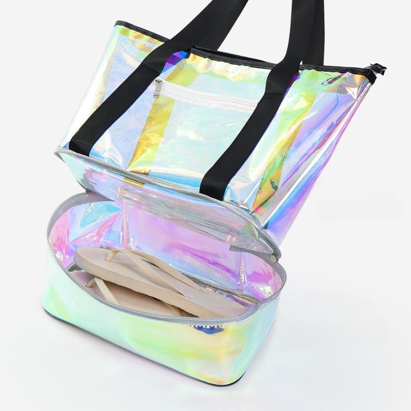 Holographic Transparent Beach Tote Bag Waterproof Large Capacity Travel Bag Dry Wet Separation Summer Swimming Shoulder Bag