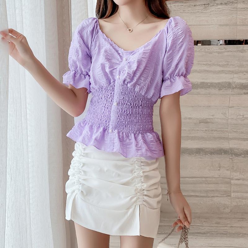 

Рубашка с короткой талией, топы, женская рубашка на одно плечо с пышными рукавами, женская рубашка с короткими рукавами 2XL фиолетовый