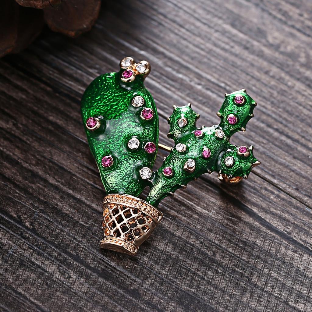 Vintage Colorful Rhinestone Green Enamel Cactus Brooches For Women Men Elegant Classic Cactus Potted Plant Buckle Pins Jewelry
