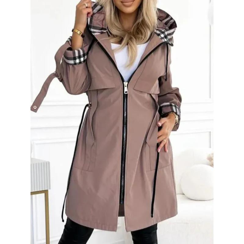 Fashion Trench Coat Women Autumn Winter Solid Color Casual Street Style Cardigan Long-sleeved Hooded Plaid
