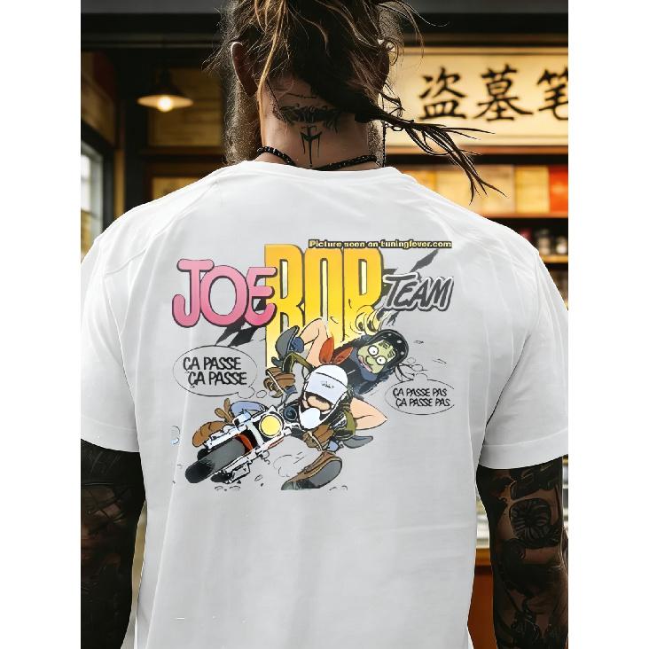 Herren T-Shirt Weiß Joe Rop Team Cartoon Grafikdruck mit französischen Sätzen und Motorrad Design für Freizeitkleidung und Outdoor-Aktivitäten