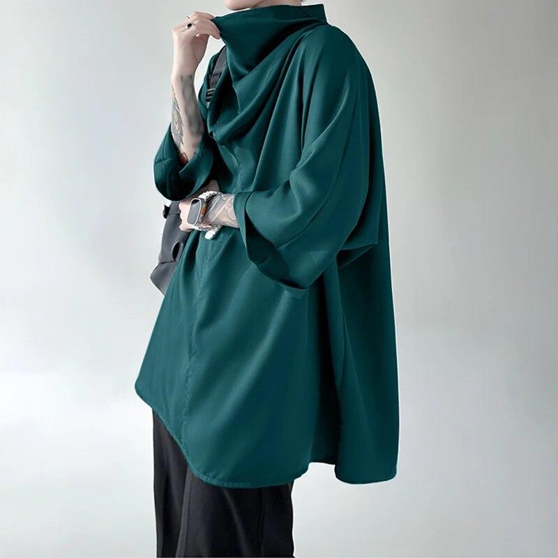 

2024 мужская рубашка, однотонная водолазка с рукавом 3/4, корейская повседневная мужская одежда, уличная одежда, свободные модные рубашки нестандартной формы INCERUN XXL зелёный