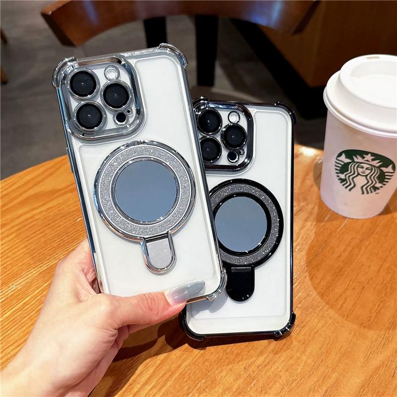 Luxury Plating Flash Mirror Clean Frame Bracket Stand Phone Case For iPhone 11 13 14 15 Plus 16E 16Pro Max Lens Protective Cover