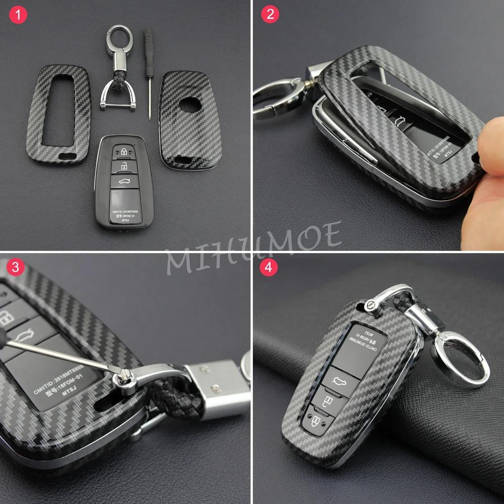 For Toyota Car Key Case Cover Fob Chain Ring Shell Camry RAV4 Avalon Corolla C-HR Prius 86 GT86 Highlander Mirai Carbon Fiber