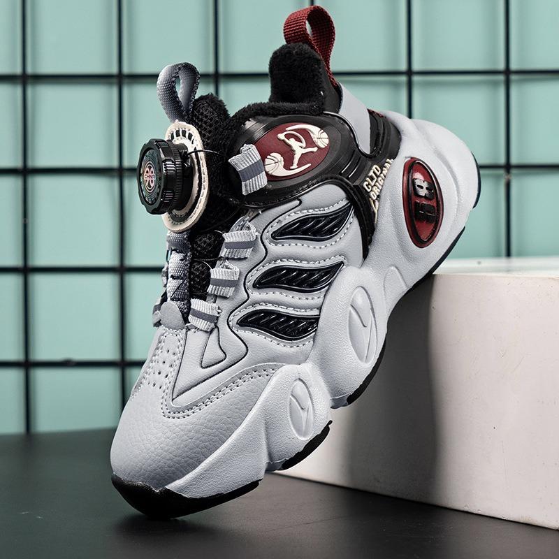 Boys' Shoes Autumn and Winter New Two Cotton Plus Fleece Warm Children's Sports Shoes Rotating Buttons Large Children's Basketball Shoes