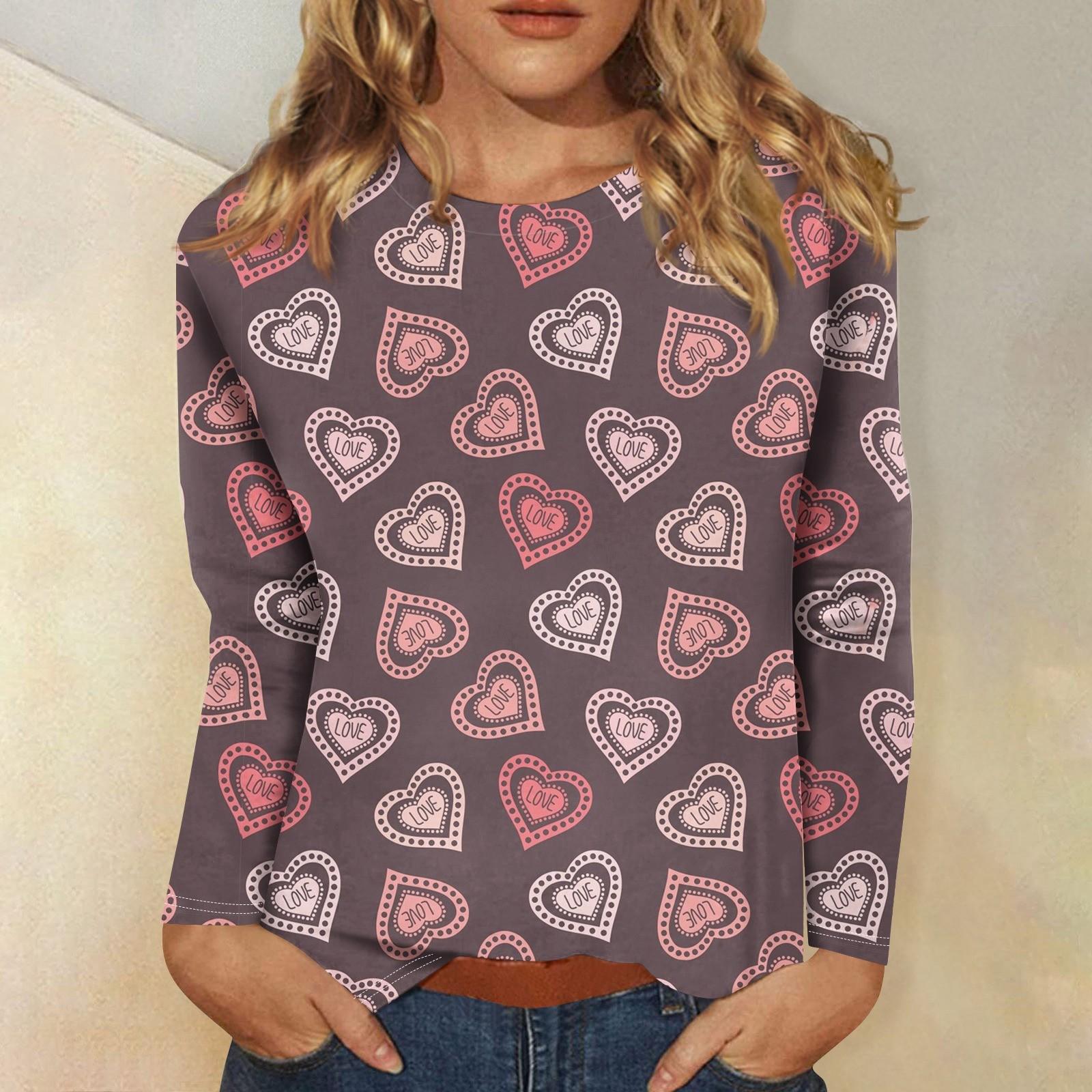 

Женская мода повседневная с длинным рукавом и принтом ко Дню святого Валентина с круглым вырезом XXL верблюд