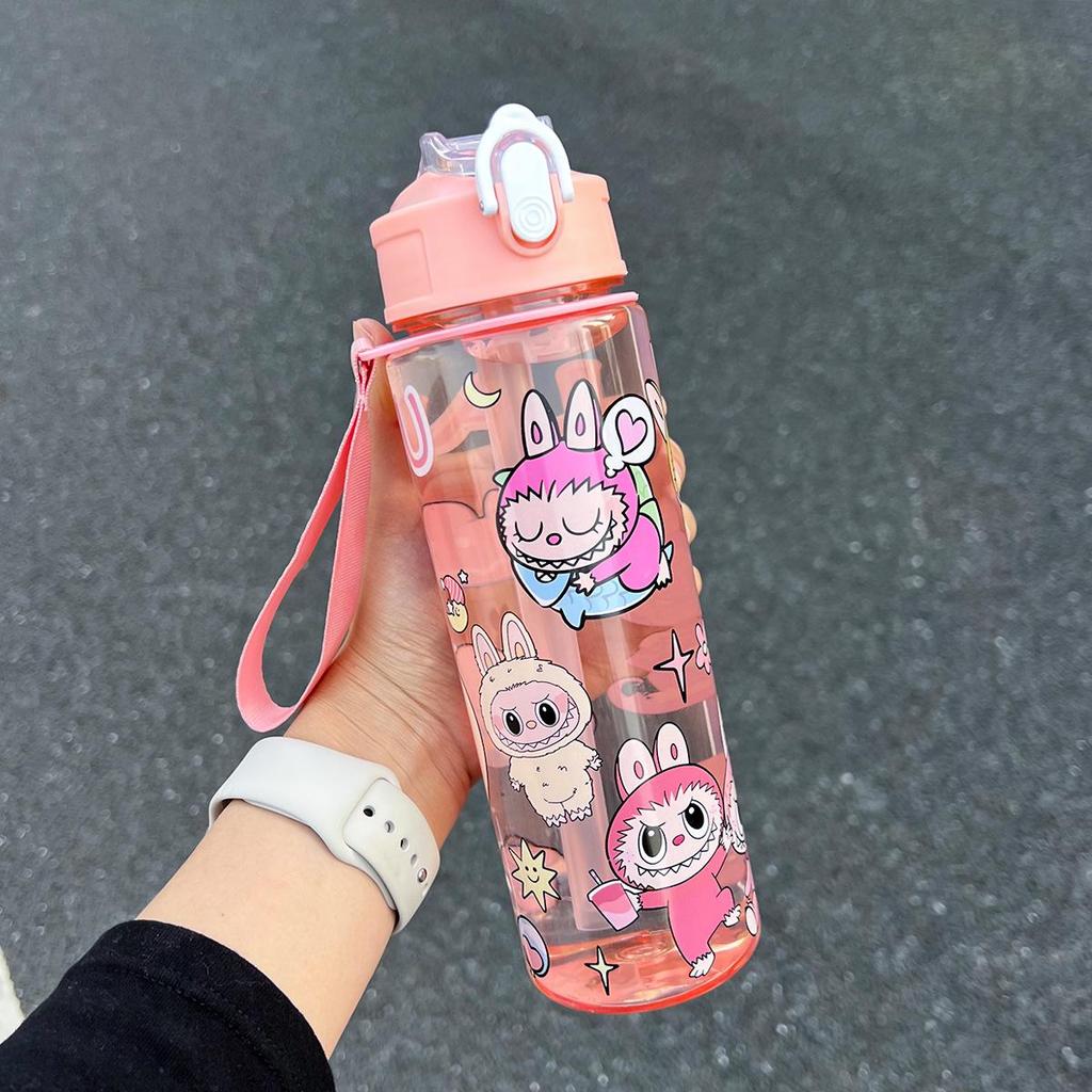 Labubu Cartoon Straw Water Cup for Kids with Lanyard