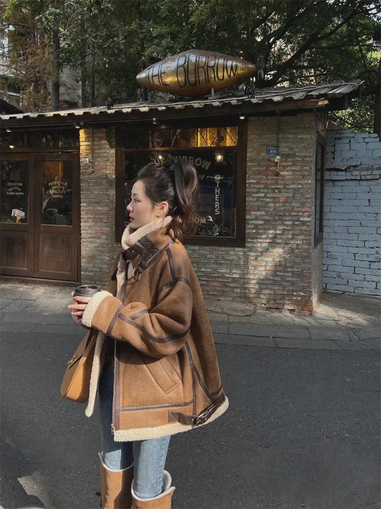 2024 Women's Retro Winter Motorcycle Jacket - Lambswool, Suede, Deerskin, Maillard Fur Coat