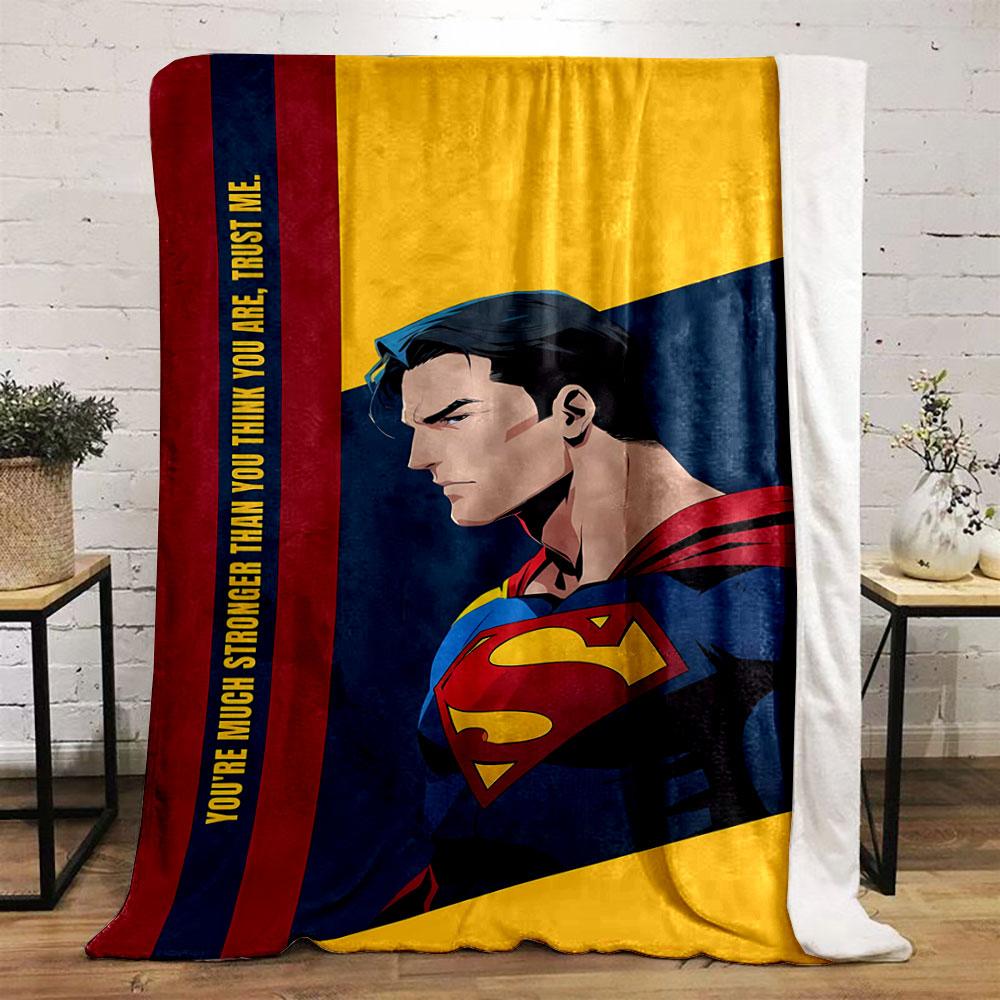 Comic-style superhero with red, blue, and yellow design elements. for all seasons blanket lunch break throw gift
