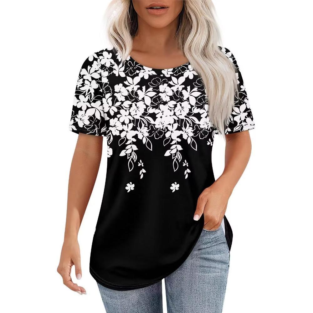 Crew Neck Short Sleeve Black White Floral Print T Shirt Women s Outfits Casual Daily Wear S