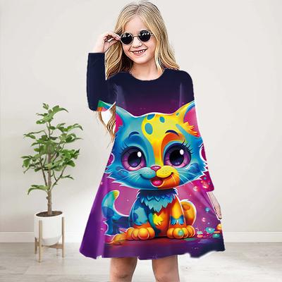 Mädchen Lässiges 3D-Druck Lila Elfenkatze Rundhals Langarmkleid Kinder Prinzessinnenkleid