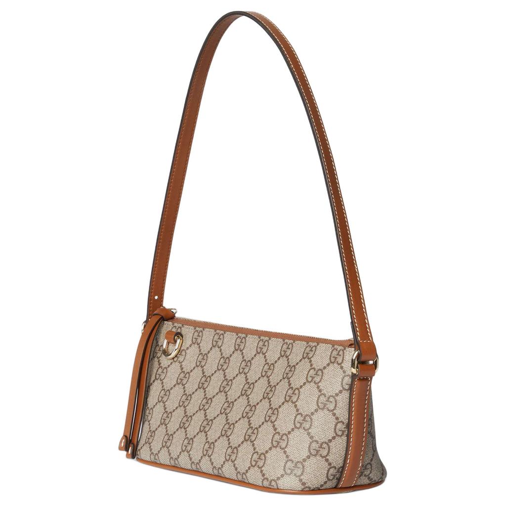Gucci Torebka na ramię z emblematem GG, jasne złote okucia, tkanina powlekana, mała, damska, beżowo-brązowa, 847281-FAEUC-9758