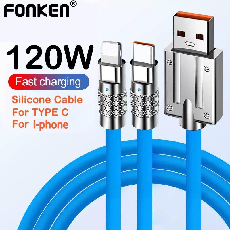 

Fonken 2 в 1, 66 Вт, USB для iOS Type-C, кабель для быстрой зарядки, Lightning Type C, жидкое силиконовое зарядное устройство, шнур для передачи данных для телефона синий