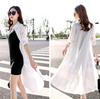 Religieuse Chiffon Long Cardigan Shirt Dress Women's See-Through (Size M, White)