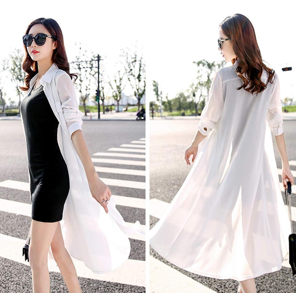 Religieuse Chiffon Long Cardigan Shirt Dress Women's See-Through (Size M, White)