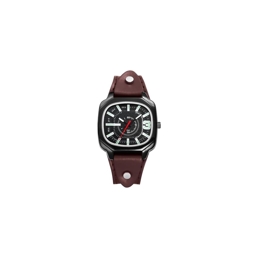 Men s Square Analog Quartz Watch with Leather Band, Waterproof, Luminous Display, Adjustable Length