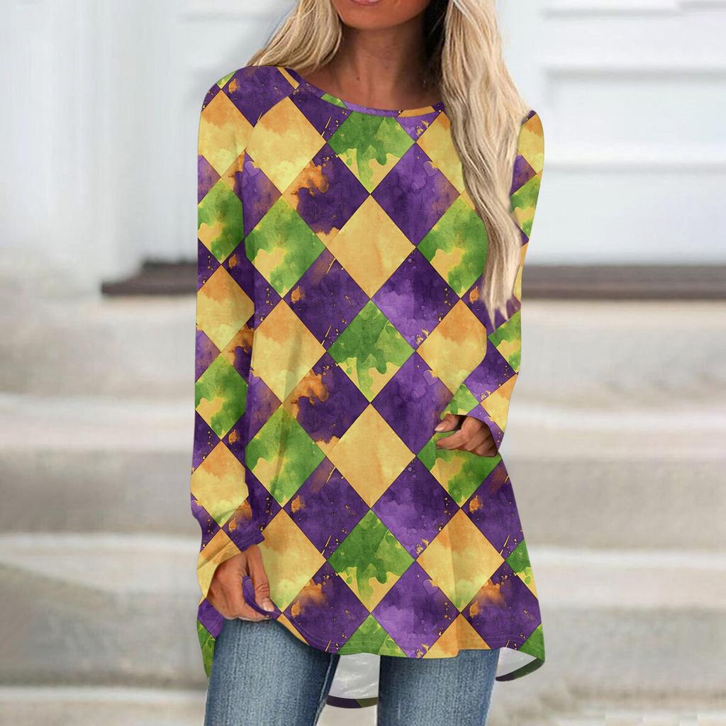 Women's Fashionable Round Neck Raglan Long Sleeved Carnival Printed Casual Pullover Top