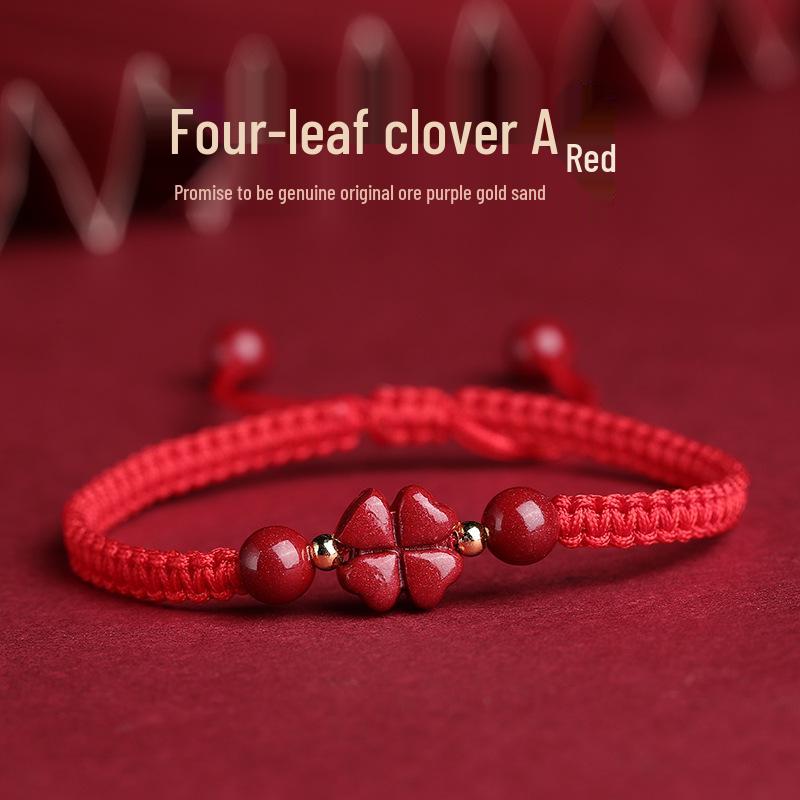 Authentic Cinnabar Four-Leaf Clover Bracelet with Purple Gold Sand and Red Rope for Women and Children
