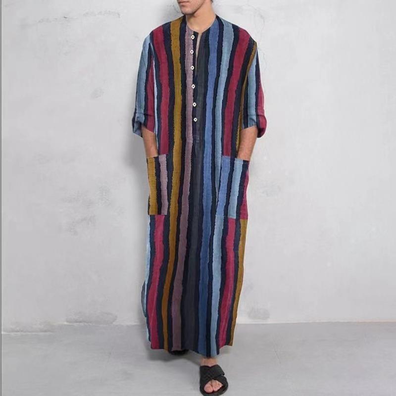 Men S Casual Long Sleeve Striped Ethnic Robe Gown