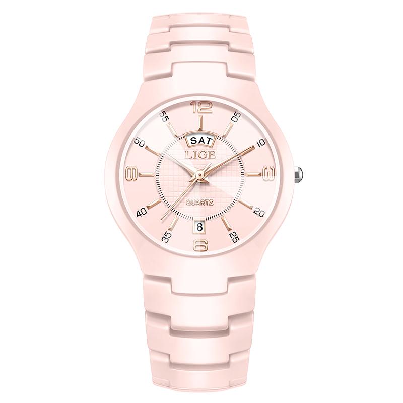 LIGE Elegant Women Watches Fashion Ceramics Small Dial Ladies Quartz Watch Date Week Display Luxury Woman Wristwatch Reloj Mujer