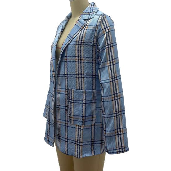 Women Suit Coat Lapel Long Sleeve Open Front Suit Jacket with Pockets Plaid Print