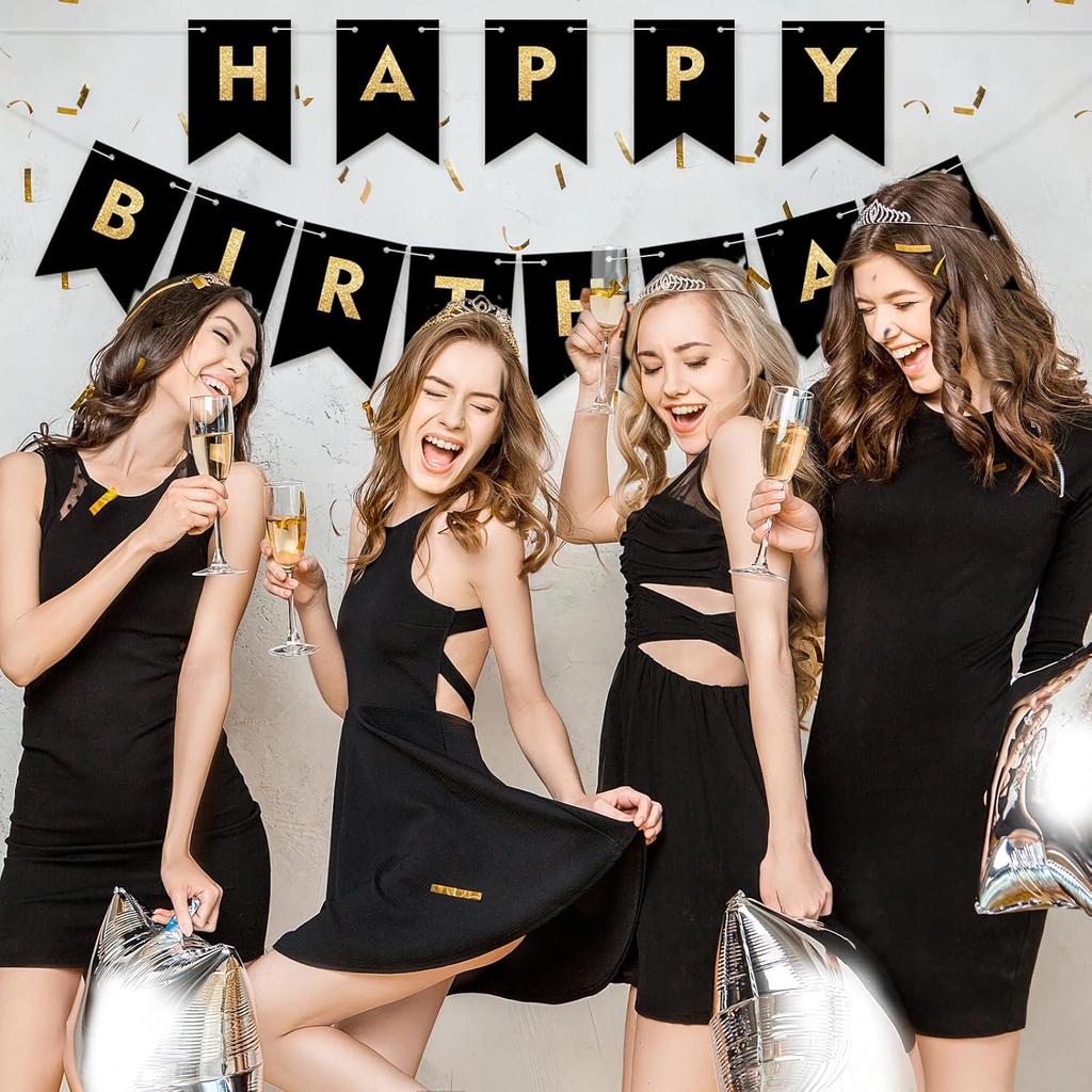 Happy Birthday Banner,Black and gold Birthday Banner,Happy Birthday Decoration,Black and gold Party Decoration