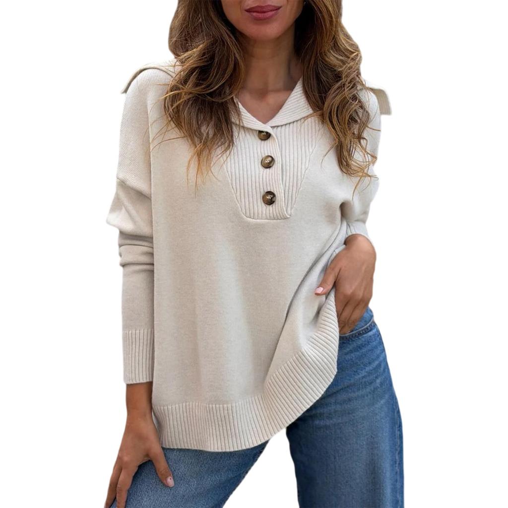 Women's Long Sleeve Sweater with Button Down Collar Loose Fit Color Casual Pullover