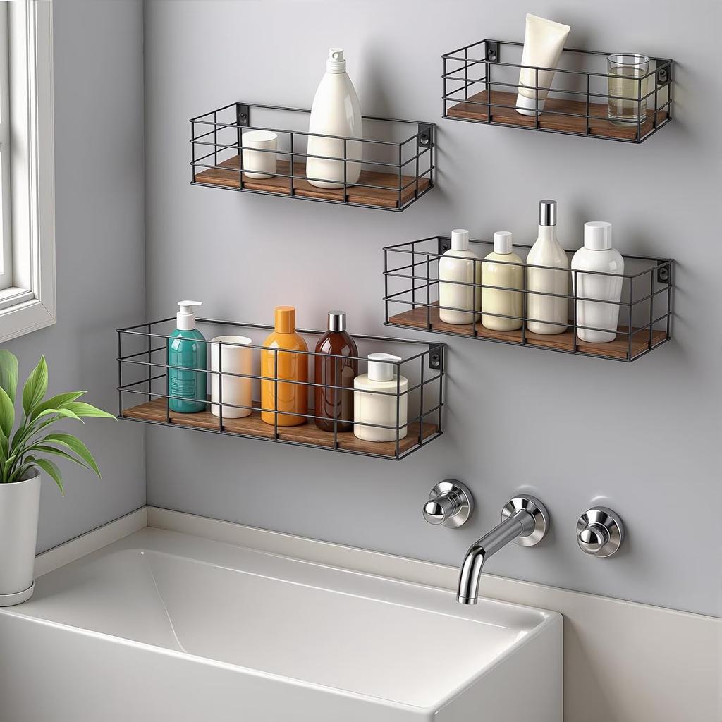 4 Sets of Hanging Floating Shelves, Metal Wire Storage Basket with Wood Bottoms, Hanging Storage Wall Shelf, Wall Mounted Shelves