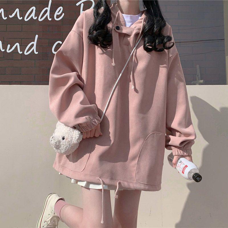 Women's Fleece-Lined Hooded Jacket: Loose Fit, Versatile Long-Sleeve Sweatshirt for 2024 Autumn/Winter, Japanese Student Style, Warm Top