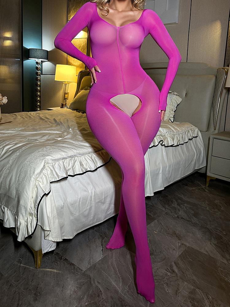 Sexy Women Lingerie Crotchless Bodysuit Sheer Open Crotch Erotic Tights Oil Glossy Jumpsuit One-piece Body Stockings Leotard