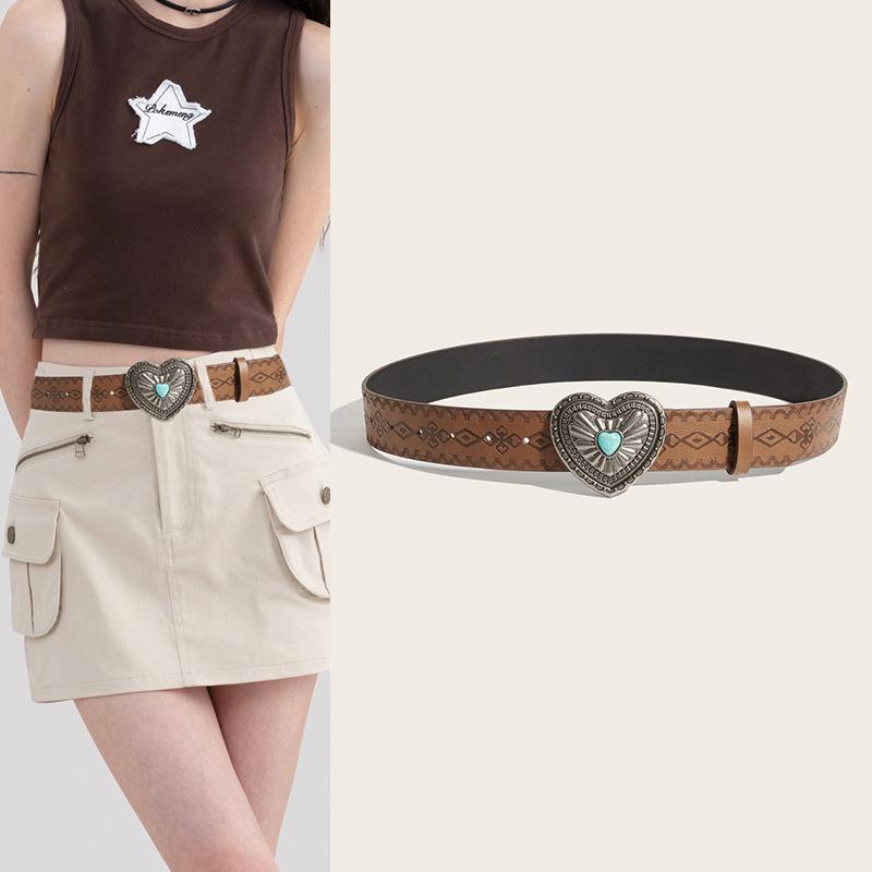 Vintage Carved Buckle Pu Wide Belts Boho Brown Embossed Waistband Western Jeans Pants Belt