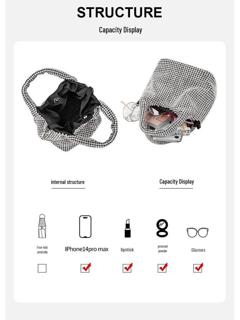 Women's 2025 Fashion Diamond-Studded Chain Evening Bag - Handheld, Shoulder, and Crossbody Bucket Style