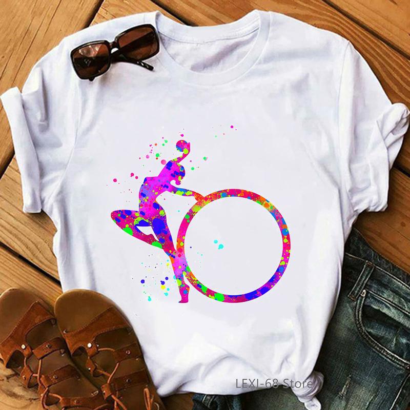 

New Arrival 2025 Watercolor Gymnastics Splash Girl Print T-Shirt Women&Amp;#39;S Clothing Funny Tshirt Femme Harajuku Kawaii Clothes XXXL білий