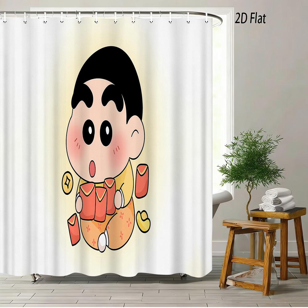 Crayon Shin-Chan Umbrella Walking Cartoon 2D Print Waterproof Shower Curtain, Minimalist White Bathroom Decor With Hooks
