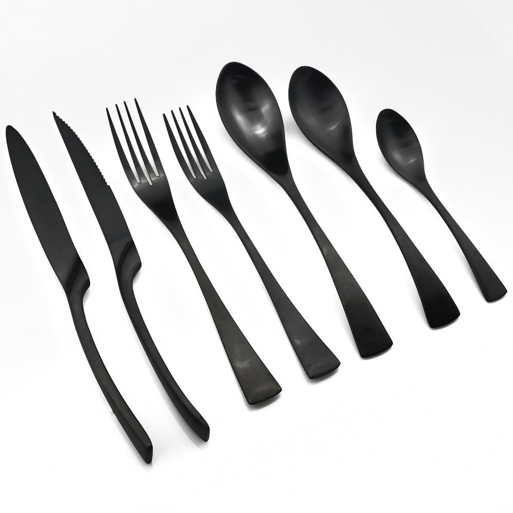 7Pcs Black Stainless Steel Flatware Dinnerware Set Matte Western Steak Knife Fork Dessert Spoon Set Kitchen Tableware Set